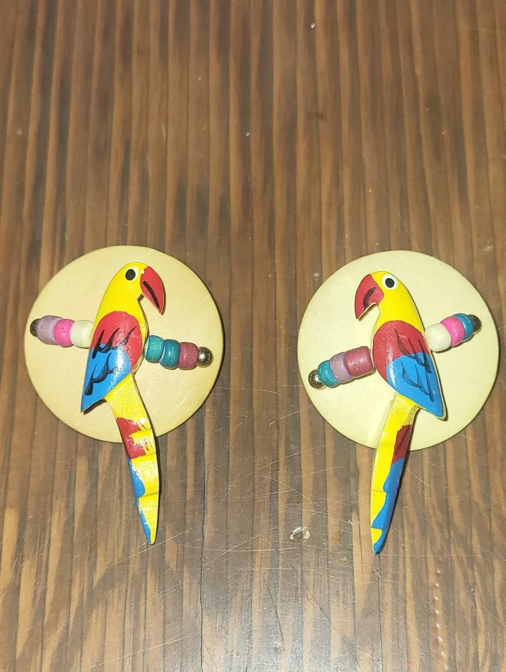 Vintage 1980s Hand Painted Wooden Parrot Post Earrings Tropical Retro 80s Macaw
